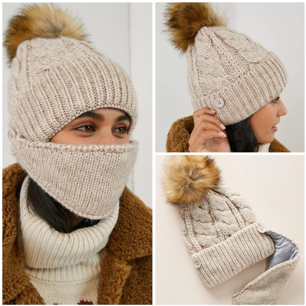 Anthropologie~ NWT~ Norah Faux Fur Beanie + Reusable Face Mask Set in Beige